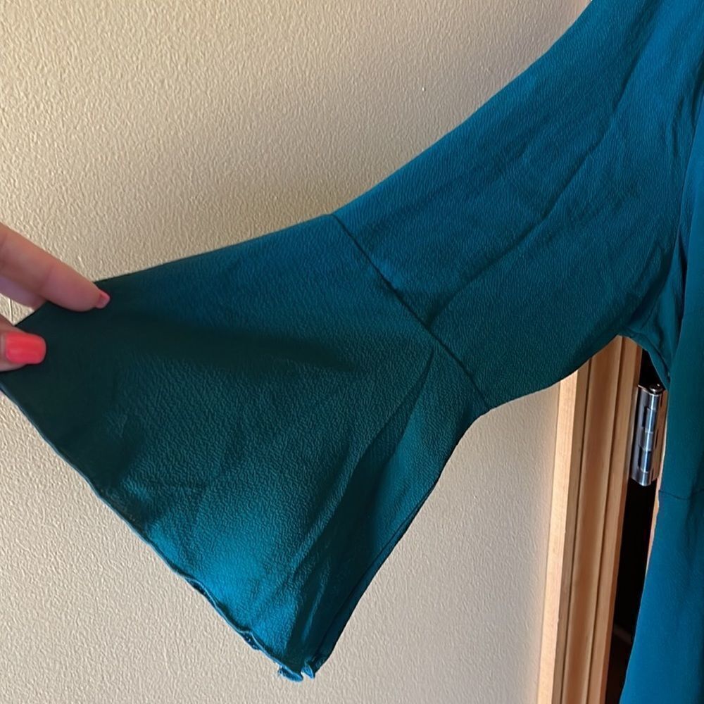 Green Wrap Dress with Bell Sleeve - Picture 2 of 6